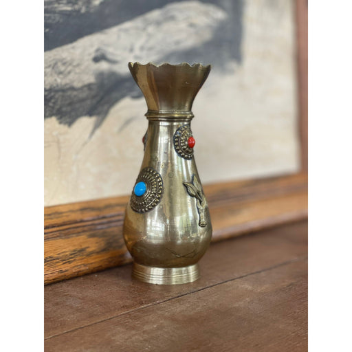 Antique Decorative Brass Bejeweled Vase Red and Blue Accents