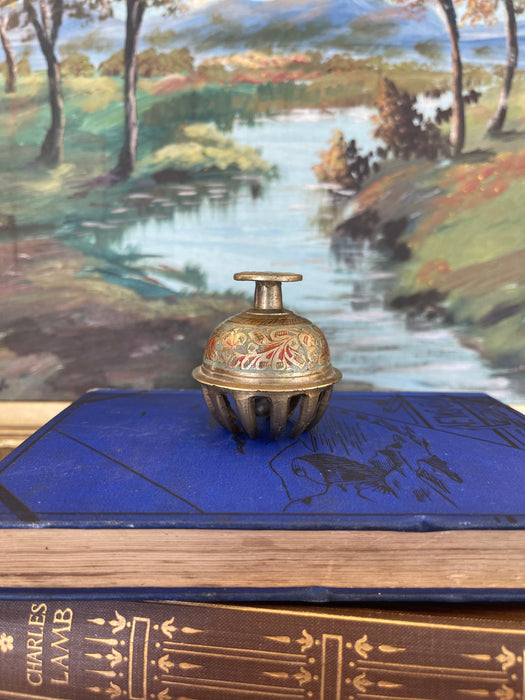 Antique Indian Brass Claw Foot Bell with Hand-Painted Floral Enamel, Early 20th Century
