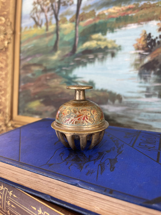 Antique Indian Brass Claw Foot Bell with Hand-Painted Floral Enamel, Early 20th Century