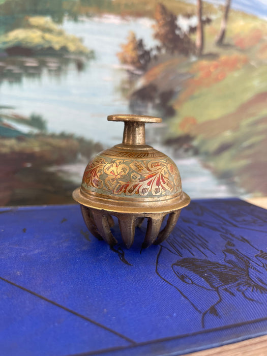 Antique Indian Brass Claw Foot Bell with Hand-Painted Floral Enamel, Early 20th Century