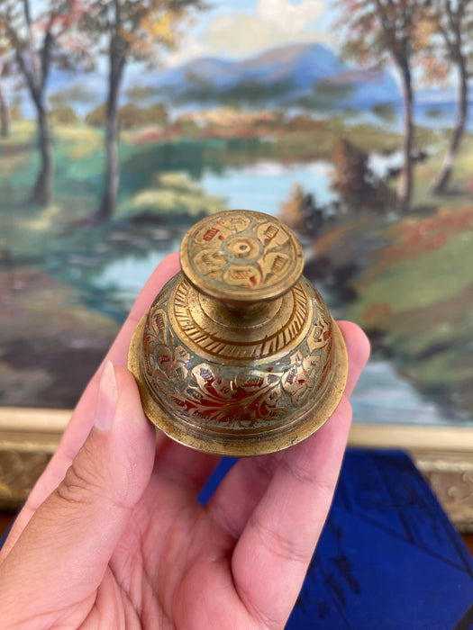 Antique Indian Brass Claw Foot Bell with Hand-Painted Floral Enamel, Early 20th Century