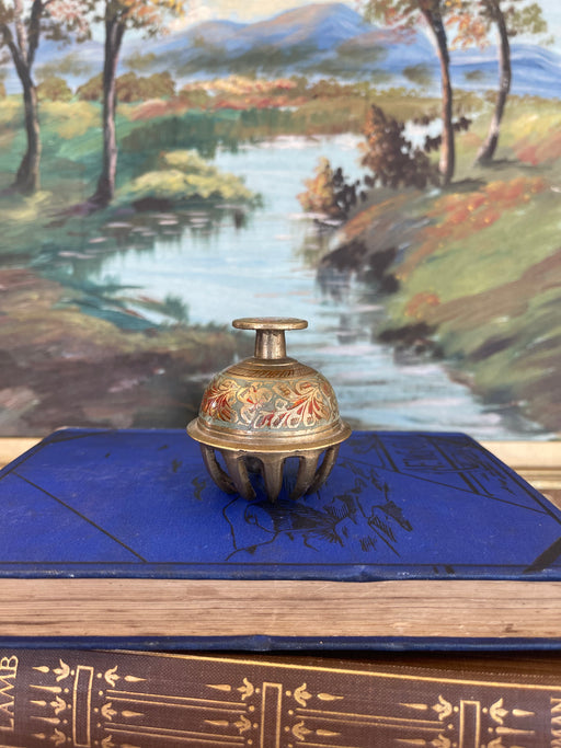 Antique Indian Brass Claw Foot Bell with Hand-Painted Floral Enamel, Early 20th Century