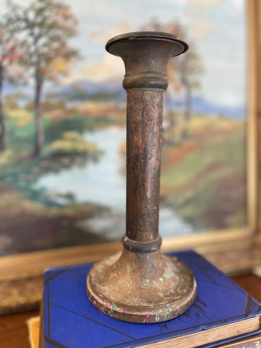 Antique Patinated Brass Toned Candlestick Holder with Wax Residue, Early 20th Century