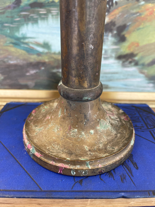 Antique Patinated Brass Toned Candlestick Holder with Wax Residue, Early 20th Century