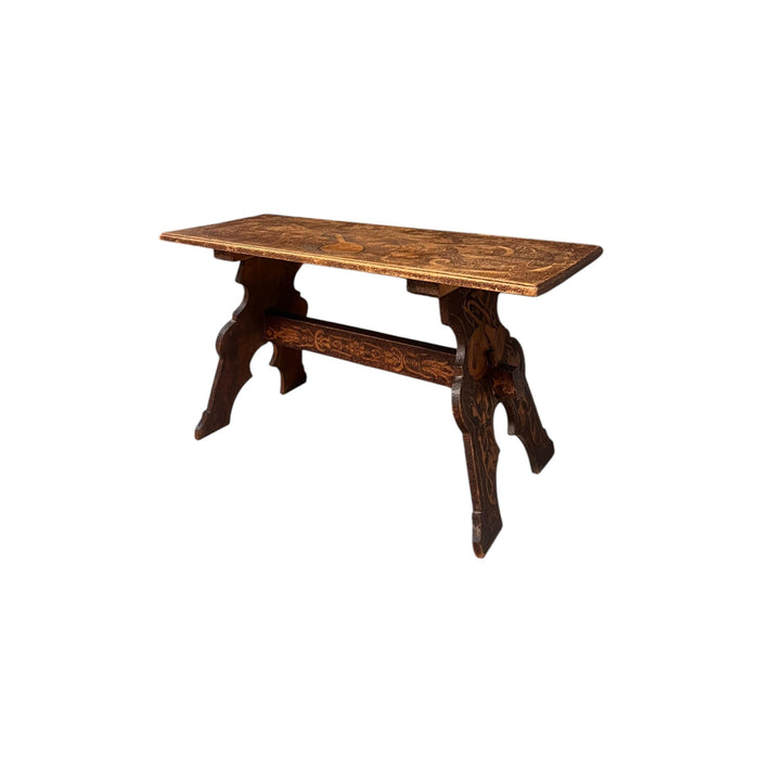 Antique Pyrography Trestle Wood Folk Art Decorative Bench or Accent Entryway Table UK Import