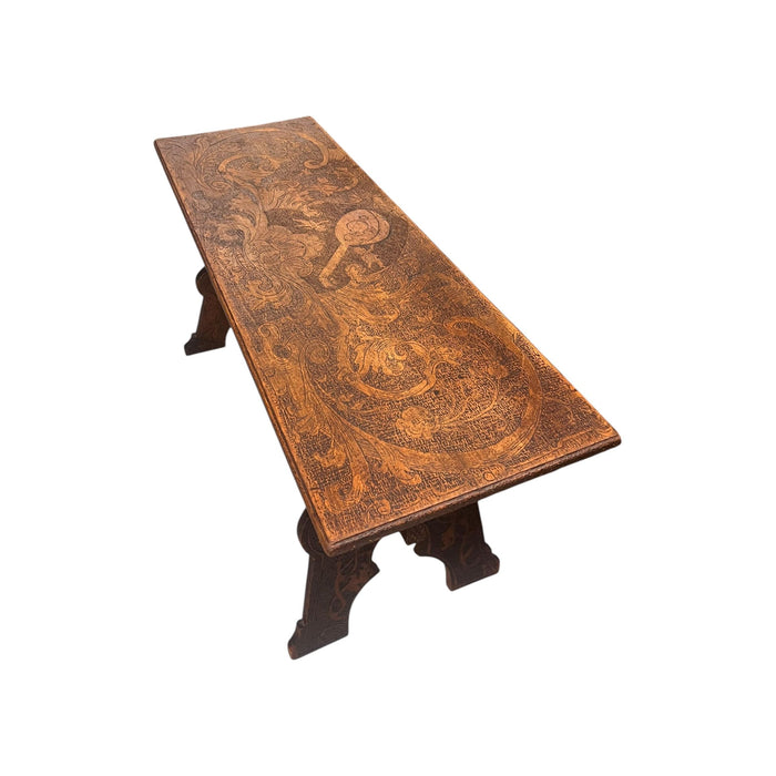 Antique Pyrography Trestle Wood Folk Art Decorative Bench or Accent Entryway Table UK Import