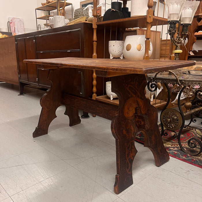 Antique Pyrography Trestle Wood Folk Art Decorative Bench or Accent Entryway Table UK Import
