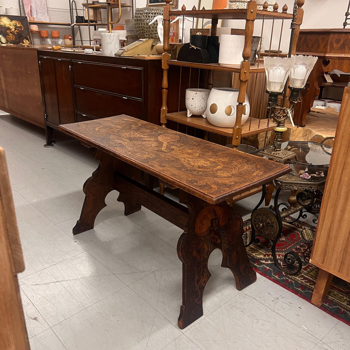 Antique Pyrography Trestle Wood Folk Art Decorative Bench or Accent Entryway Table UK Import