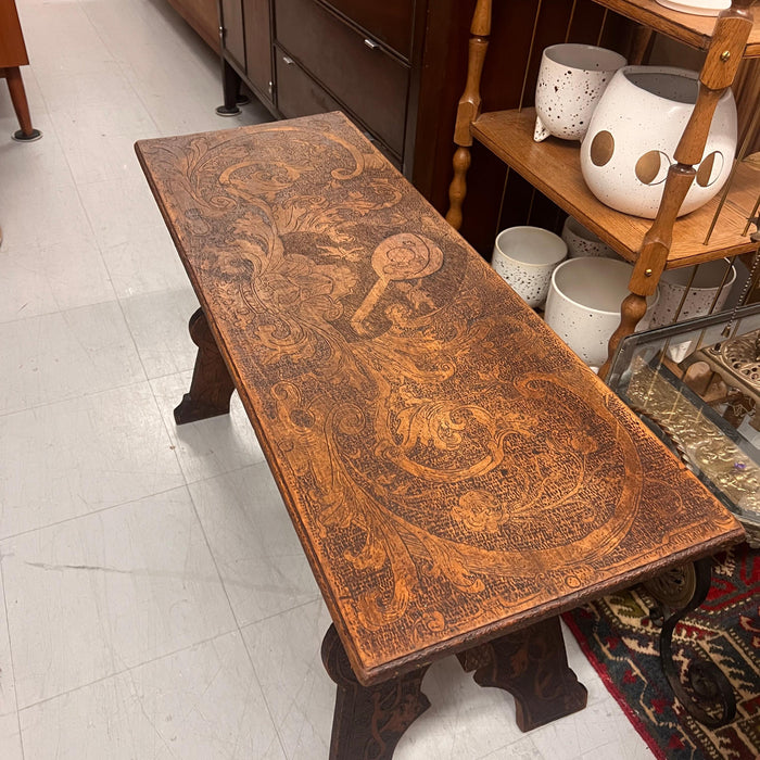 Antique Pyrography Trestle Wood Folk Art Decorative Bench or Accent Entryway Table UK Import
