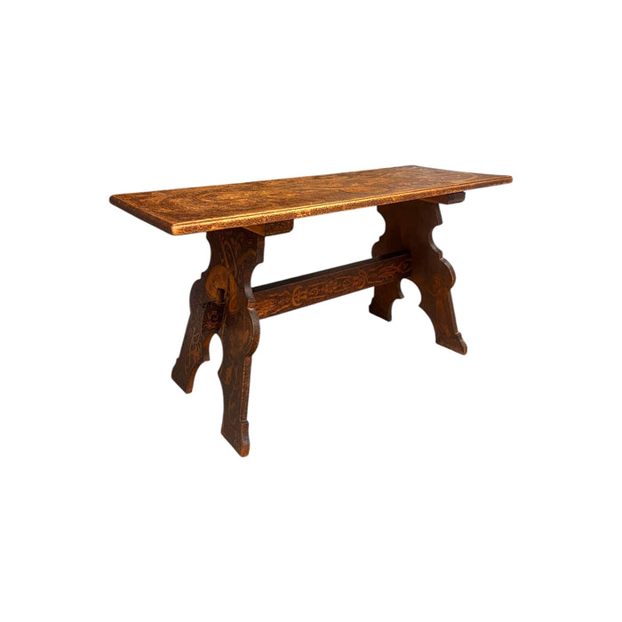 Antique Pyrography Trestle Wood Folk Art Decorative Bench or Accent Entryway Table UK Import