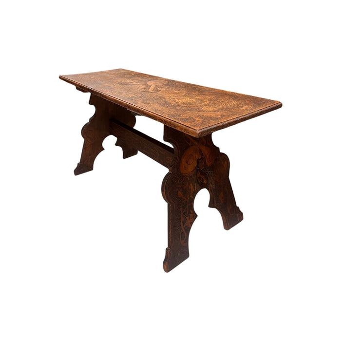 Antique Pyrography Trestle Wood Folk Art Decorative Bench or Accent Entryway Table UK Import