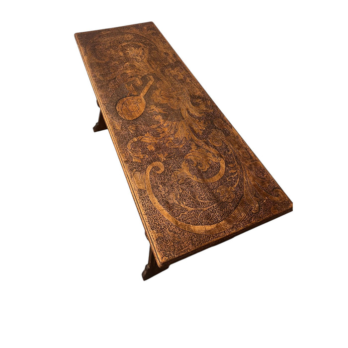 Antique Pyrography Trestle Wood Folk Art Decorative Bench or Accent Entryway Table UK Import
