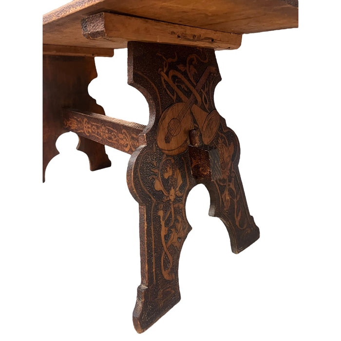 Antique Pyrography Trestle Wood Folk Art Decorative Bench or Accent Entryway Table UK Import