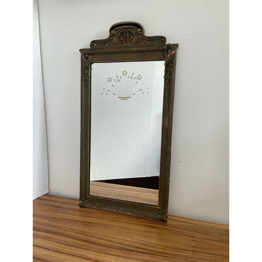 Antique Sculpted Wood Frame Mirror With Floral Etching.