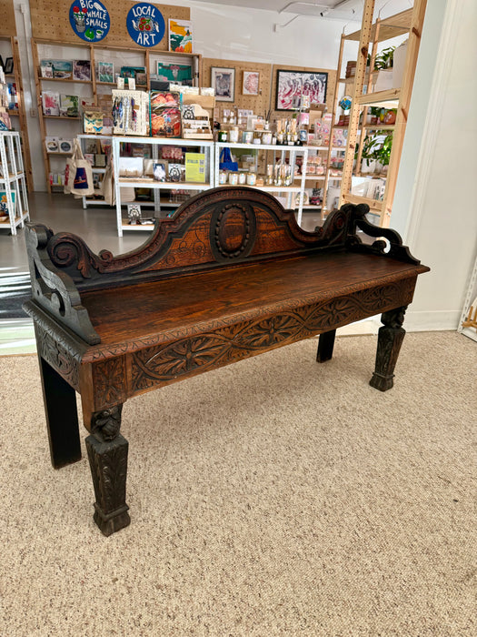Antique Victorian Carved Oak Hall Bench Intricate Floral Design Entryway Furniture
