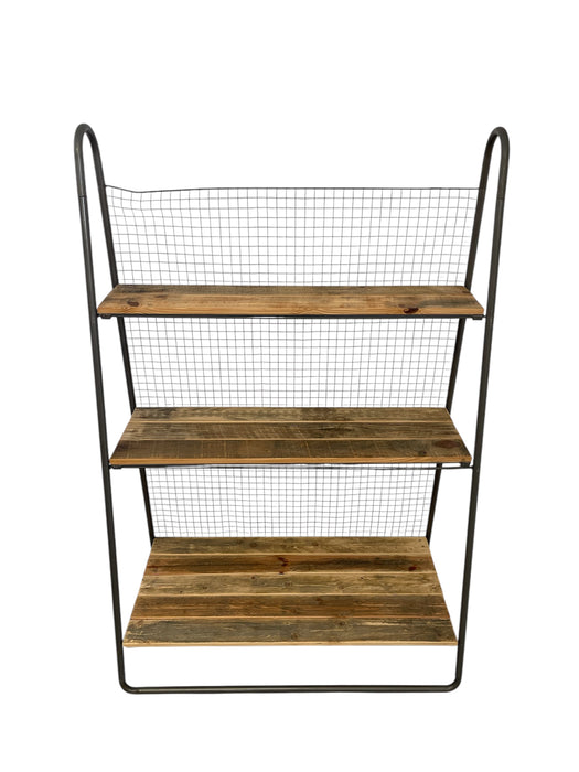 Baker Style Reclaimed Book Shelf Rack with Industrial Metal Frame and Wire Back