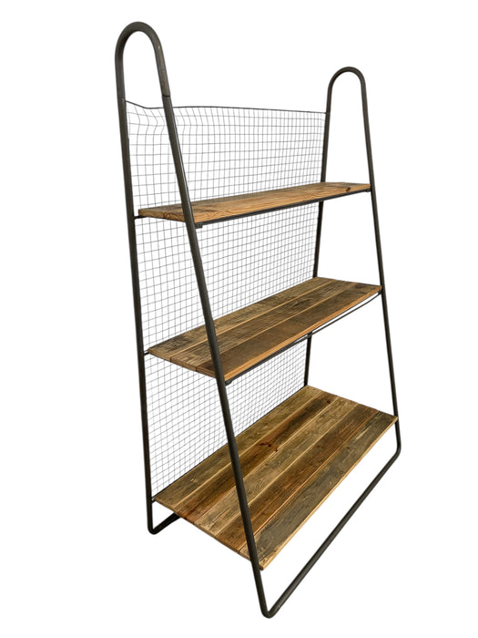 Baker Style Reclaimed Book Shelf Rack with Industrial Metal Frame and Wire Back