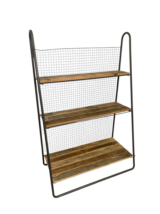 Baker Style Reclaimed Book Shelf Rack with Industrial Metal Frame and Wire Back