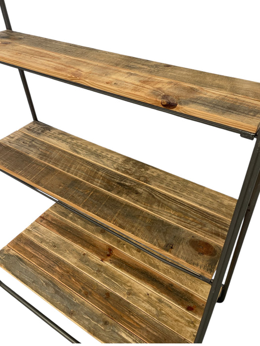 Baker Style Reclaimed Book Shelf Rack with Industrial Metal Frame and Wire Back