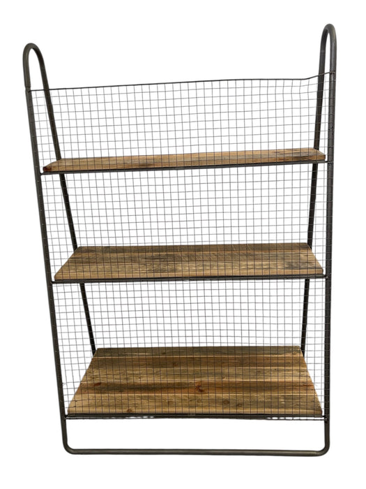 Baker Style Reclaimed Book Shelf Rack with Industrial Metal Frame and Wire Back