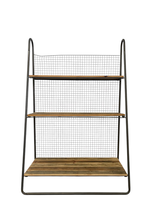 Baker Style Reclaimed Book Shelf Rack with Industrial Metal Frame and Wire Back