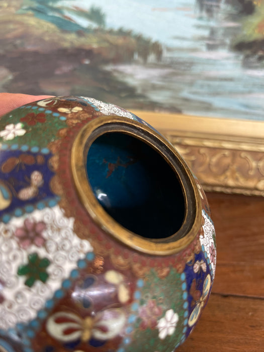 Believed to be Early 20th Century Chinese Cloisonné Miniature Tripod Vase with Floral and Butterfly Enamel Panels