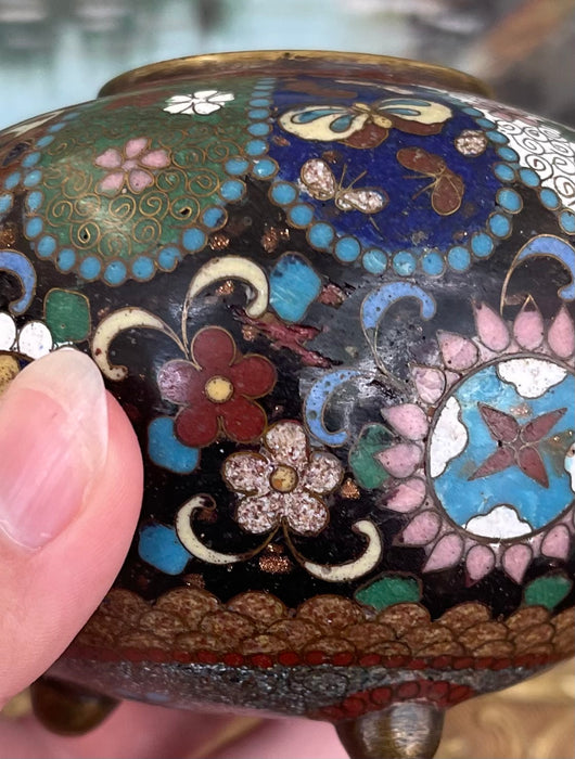 Believed to be Early 20th Century Chinese Cloisonné Miniature Tripod Vase with Floral and Butterfly Enamel Panels