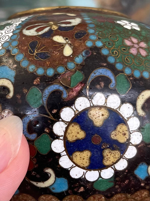 Believed to be Early 20th Century Chinese Cloisonné Miniature Tripod Vase with Floral and Butterfly Enamel Panels