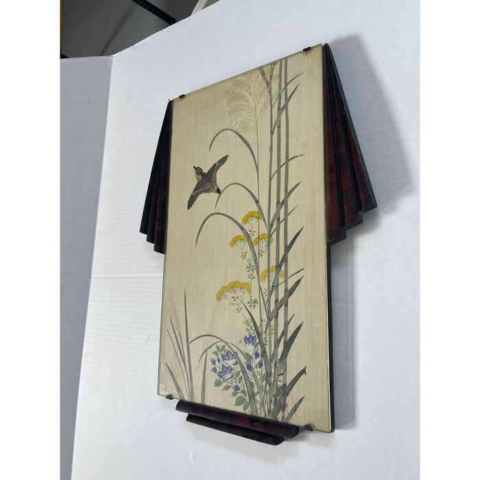 Bird Flying Through Flowers Scene Silk Painting With Art Deco Frame (Available by online purchase only)