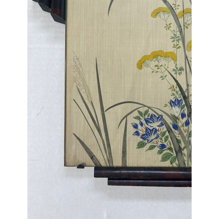 Bird Flying Through Flowers Scene Silk Painting With Art Deco Frame (Available by online purchase only)