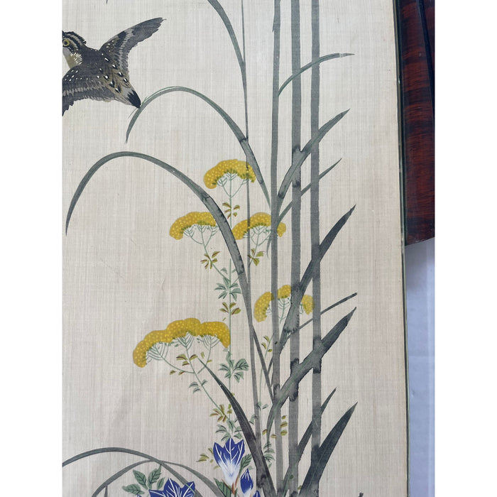 Bird Flying Through Flowers Scene Silk Painting With Art Deco Frame (Available by online purchase only)