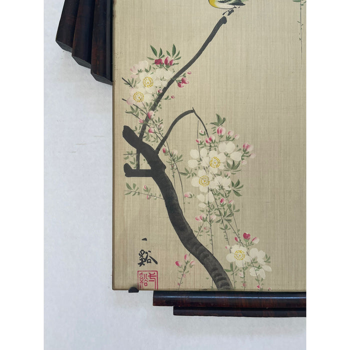 Birds on Branch Scene Silk Painting With Art Deco Frame