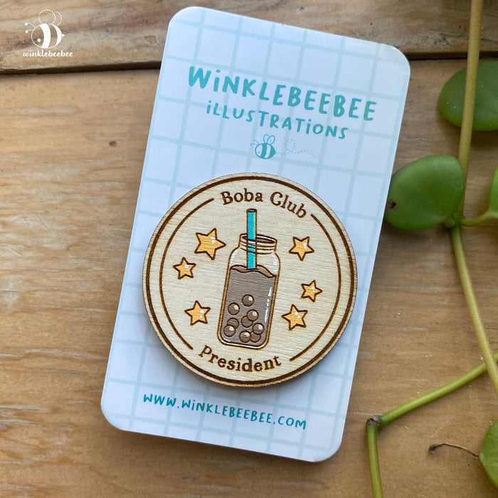 Boba Club President Pin - Laser Engraved Wood
