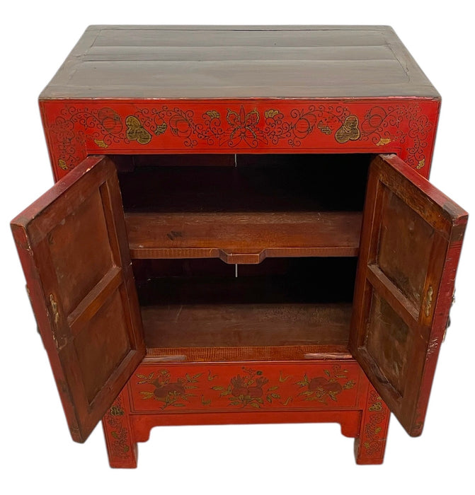 Chinese Red Cabinet with Gilt Figural and Dragon Motifs
