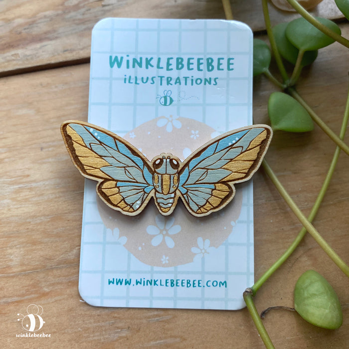 Pastel Cicada Pin - Laser Engraved Wood