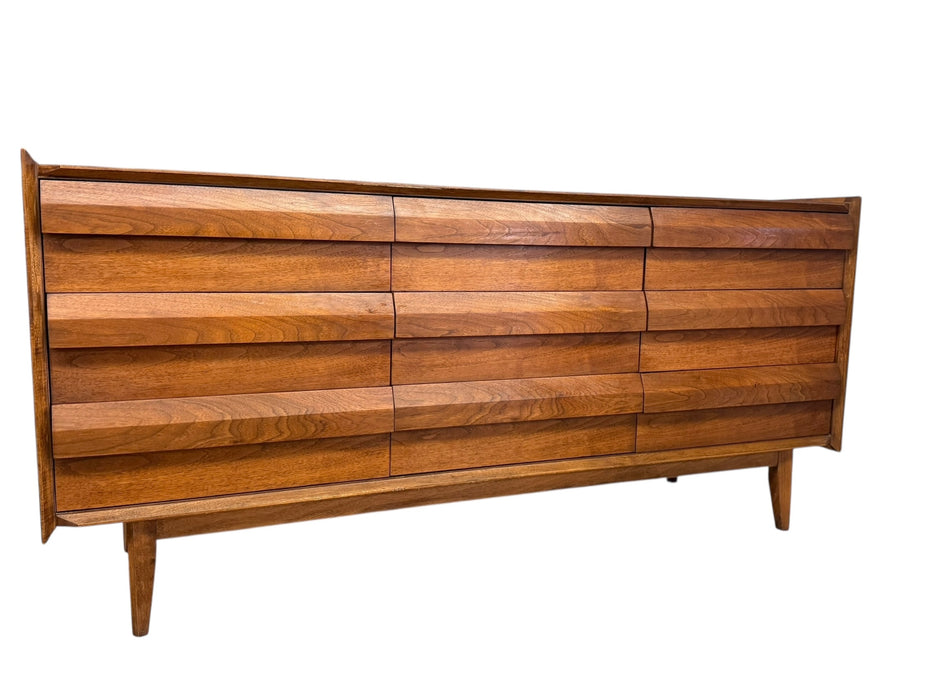 Vintage Mid Century Modern Solid Walnut 9 Drawer Dresser by Lane First Edition
