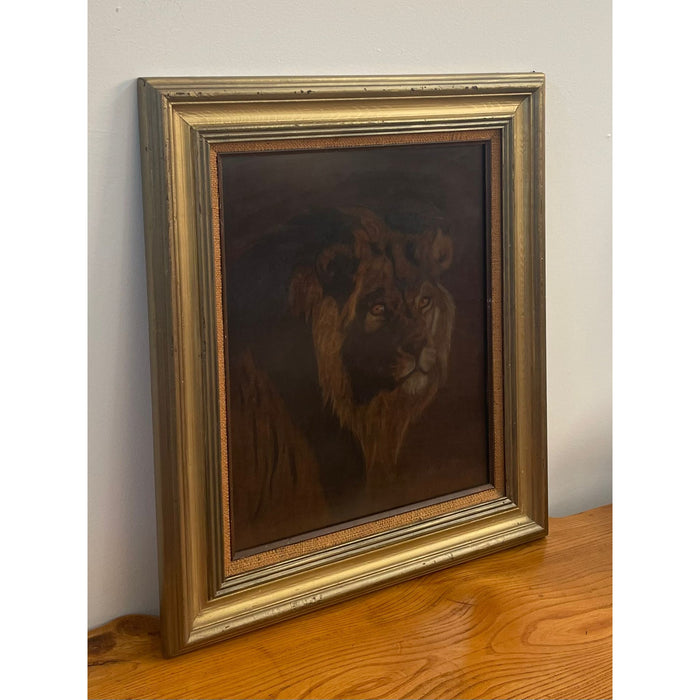 Vintage Judi Otto Original Pastel or Painting of Lion on Brown Velvet