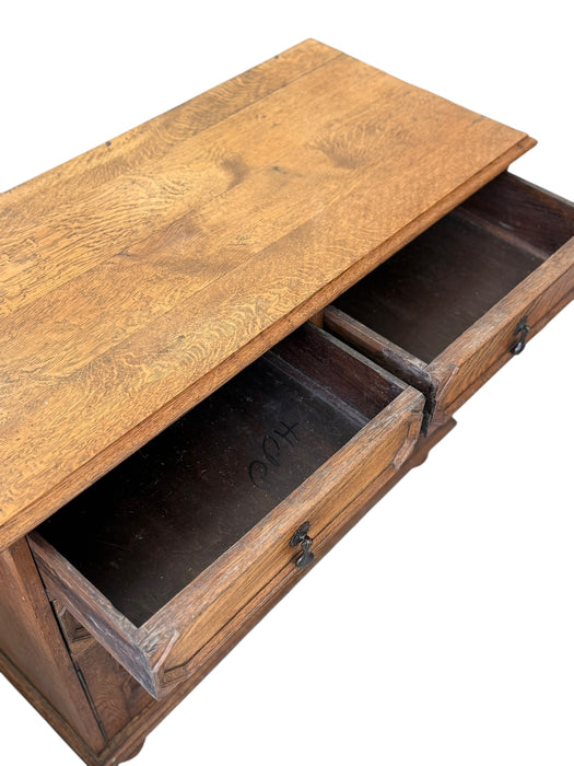 Early 20th Century Antique Jacobean Style English Cabinet with Oak Construction and Metal Drop Pulls