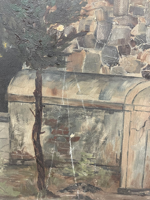 Early 20th Century Painting of Monk at Monastery Entrance Framed Architectural Religious Scene