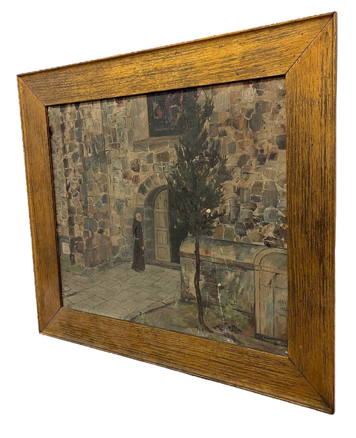 Early 20th Century Painting of Monk at Monastery Entrance Framed Architectural Religious Scene