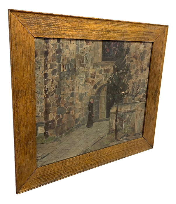 Early 20th Century Painting of Monk at Monastery Entrance Framed Architectural Religious Scene