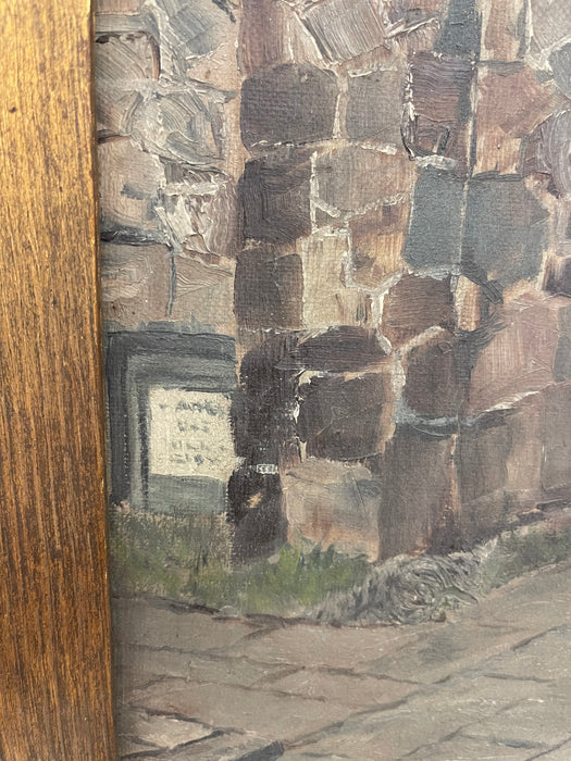 Early 20th Century Painting of Monk at Monastery Entrance Framed Architectural Religious Scene