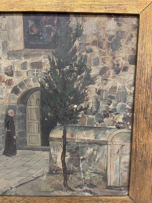 Early 20th Century Painting of Monk at Monastery Entrance Framed Architectural Religious Scene