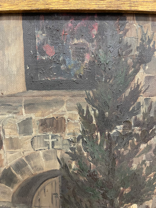 Early 20th Century Painting of Monk at Monastery Entrance Framed Architectural Religious Scene