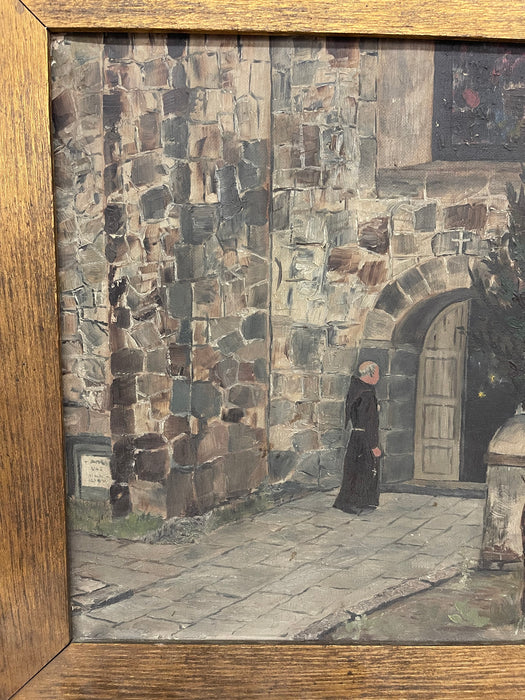 Early 20th Century Painting of Monk at Monastery Entrance Framed Architectural Religious Scene