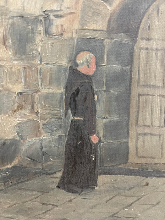 Early 20th Century Painting of Monk at Monastery Entrance Framed Architectural Religious Scene