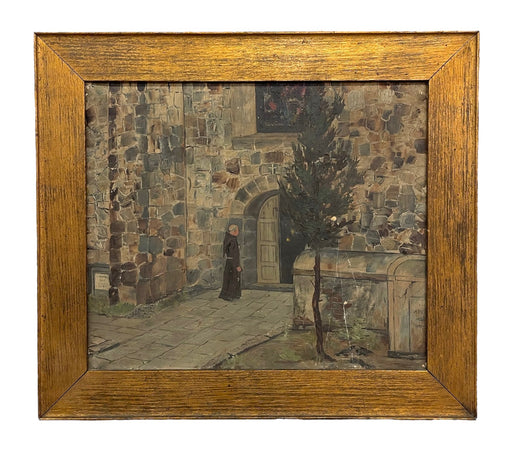 Early 20th Century Painting of Monk at Monastery Entrance Framed Architectural Religious Scene