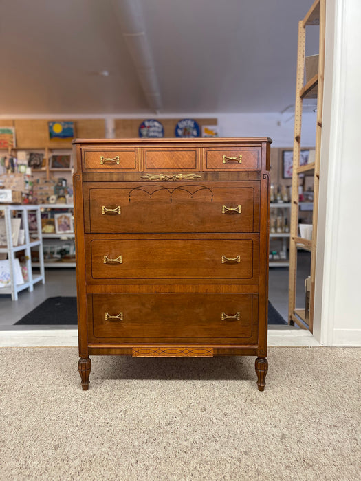 Early 20th Century Neoclassical Style Inlaid Mahogany Tall Chest with Brass Pulls