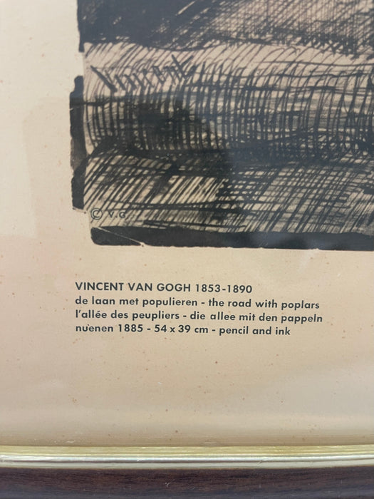 Framed Vincent van Gogh "The Road with Poplars" Pencil and Ink Reproduction, 1885, Edition Stedelijk Museum Amsterdam