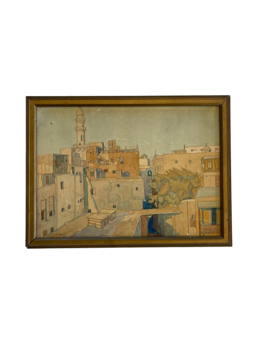 Framed 1922 Watercolor Cityscape of Cairo by O. Sandez - Orientalist Architectural Painting